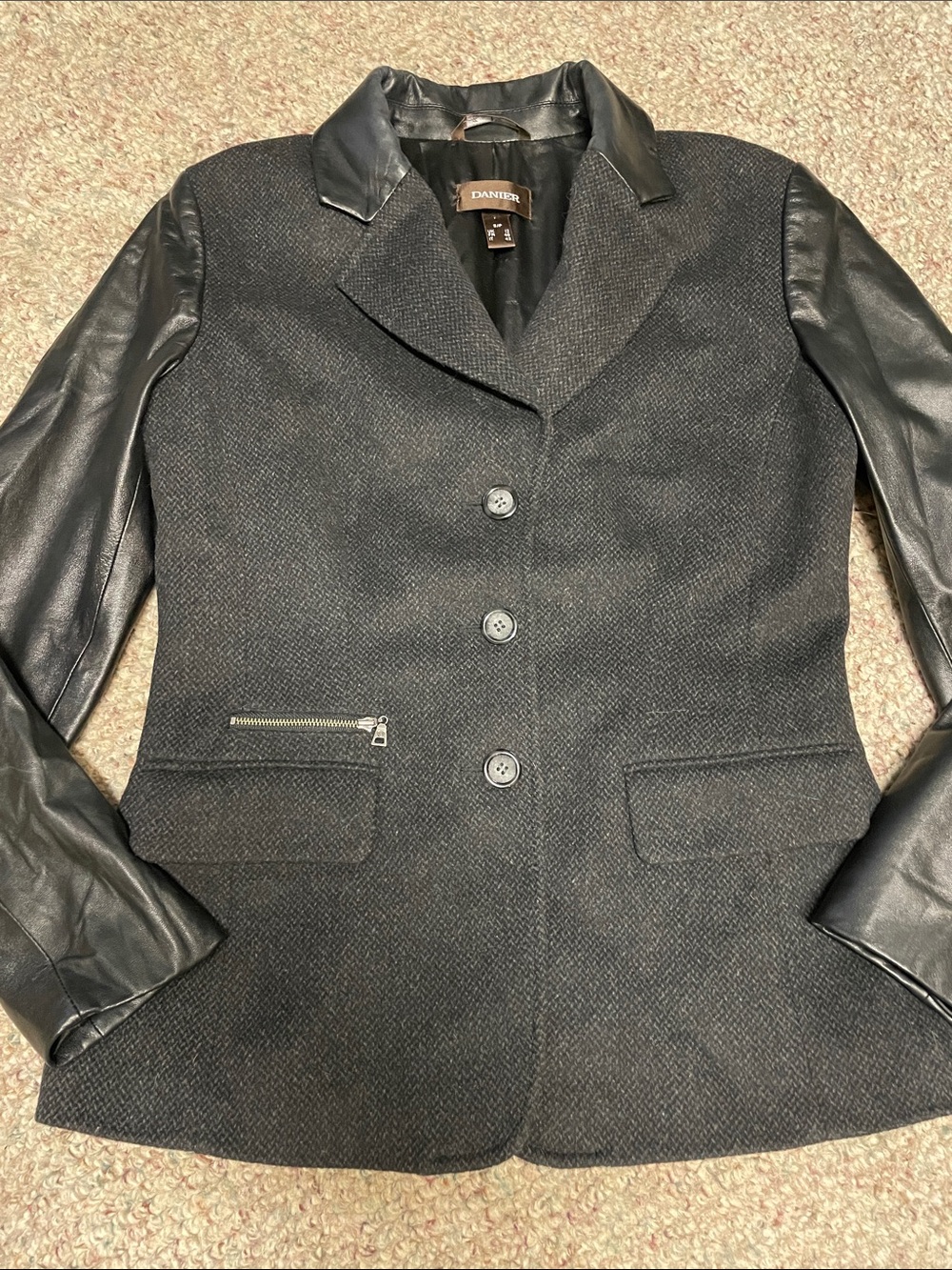 Danier Women's Black grey Wool buttob front Jacket with Leather Sleeves